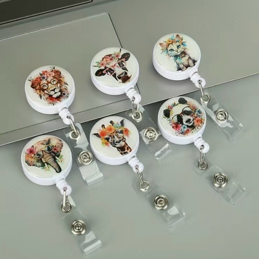 Watercolor animals retractable badge reels panda lion cow cat giraffe elephant